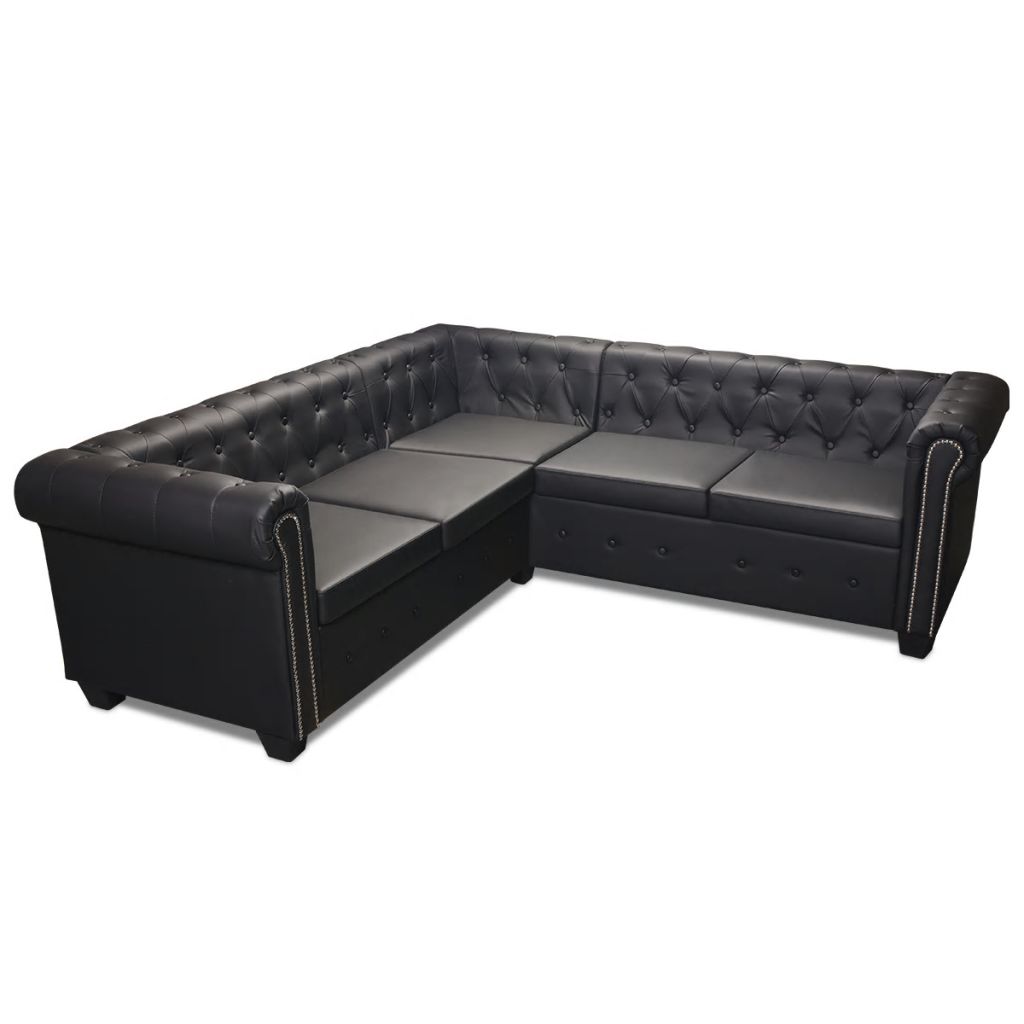 5 személyes fekete műbőr chesterfield sarokkanapé