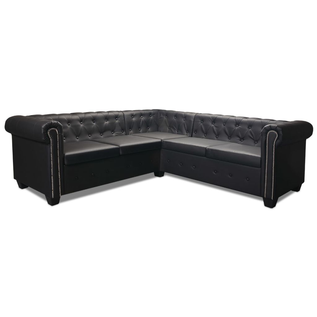 5 személyes fekete műbőr chesterfield sarokkanapé