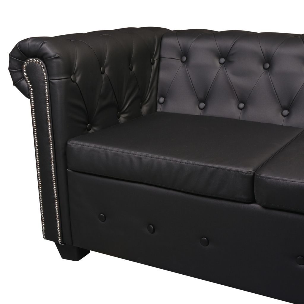 5 személyes fekete műbőr chesterfield sarokkanapé