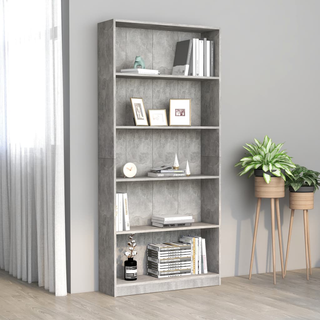 5-szintes betonszürke forgácslap könyvszekrény 80 x 24 x 175 cm