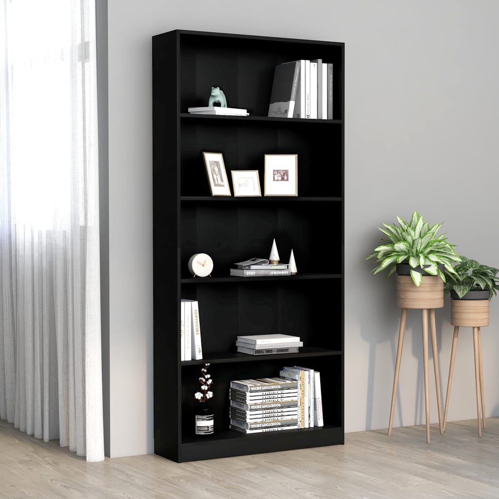 5-szintes fekete forgácslap könyvszekrény 80 x 24 x 175 cm