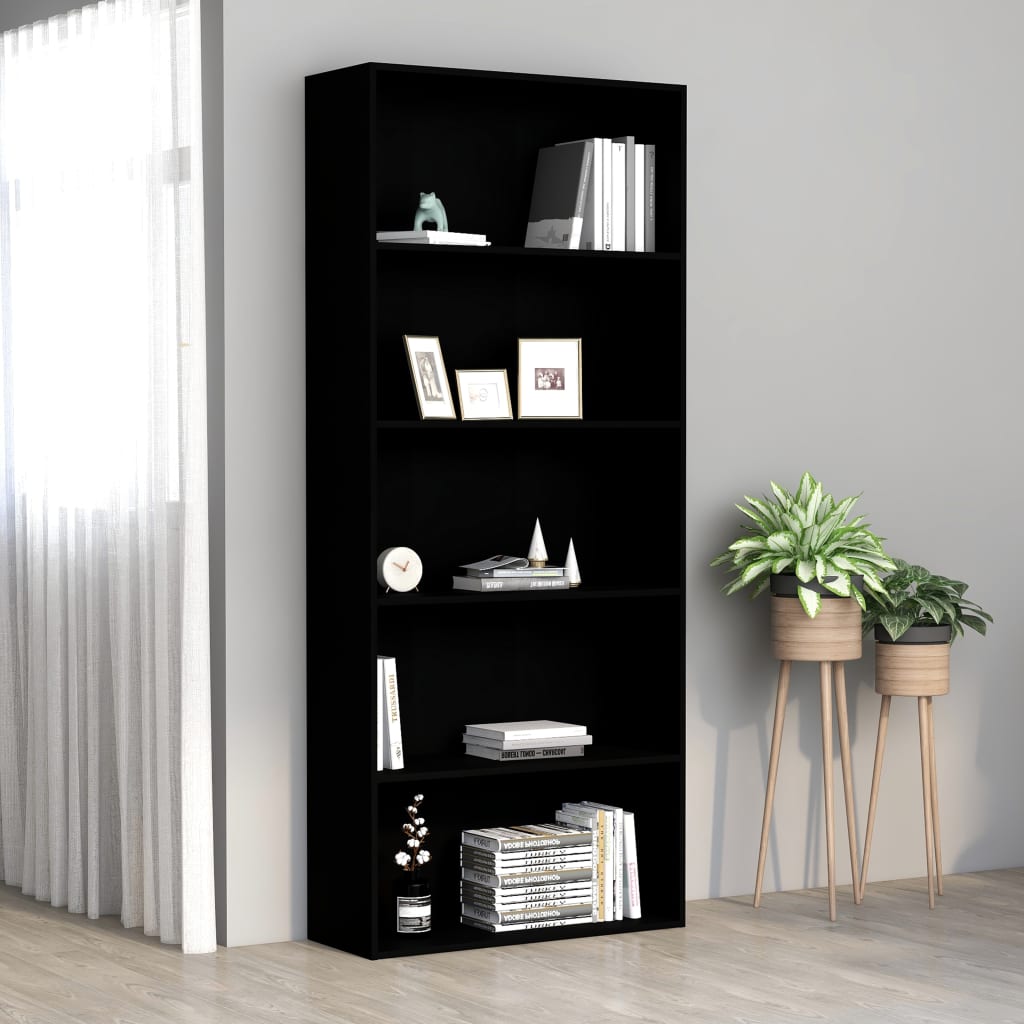 5 szintes fekete forgácslap könyvszekrény 80 x 30 x 189 cm