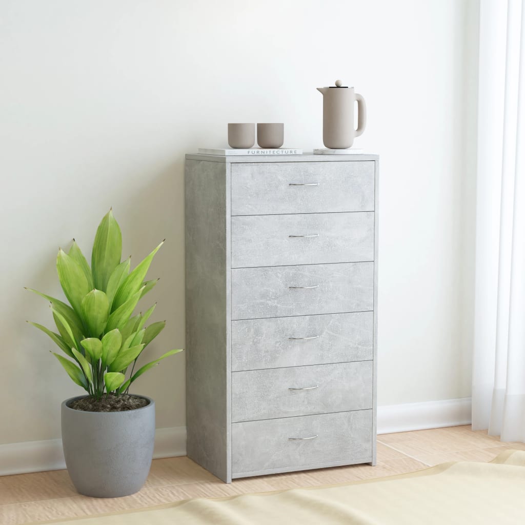 6-fiókos betonszürke forgácslap tálalószekrény 50 x 34 x 96 cm