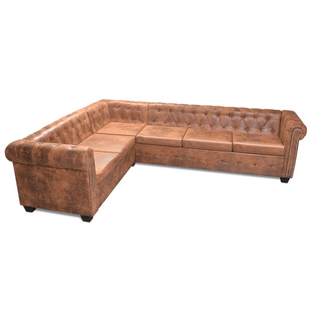 6 személyes barna műbőr chesterfield sarok kanapé
