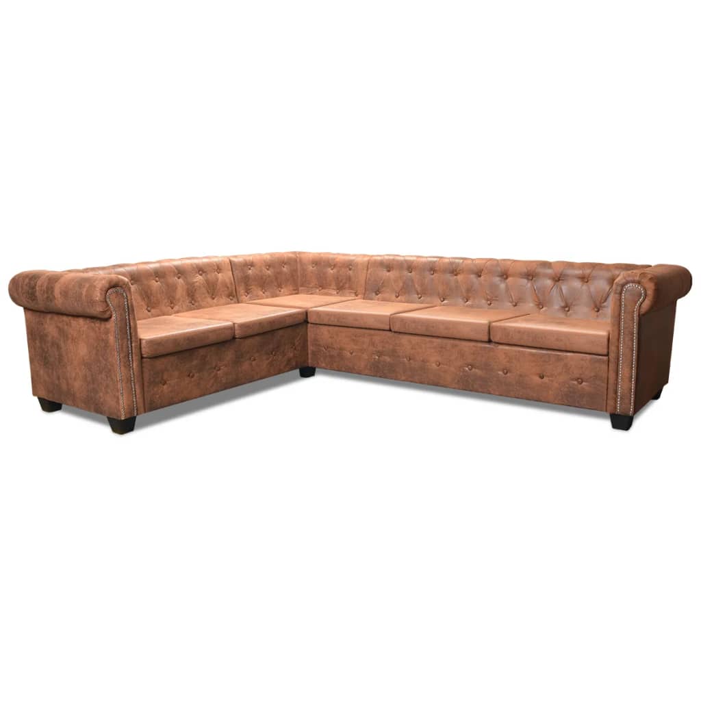 6 személyes barna műbőr chesterfield sarok kanapé