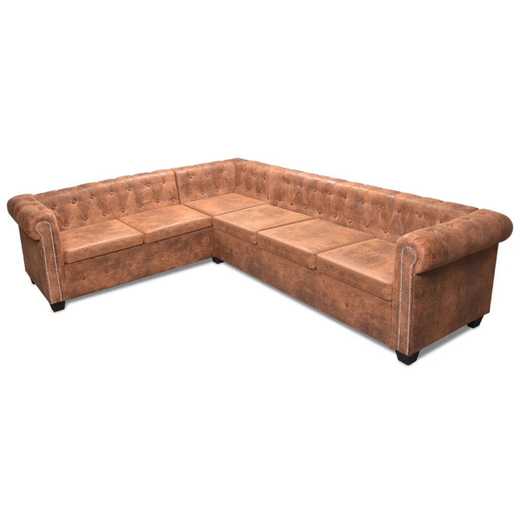 6 személyes barna műbőr chesterfield sarok kanapé