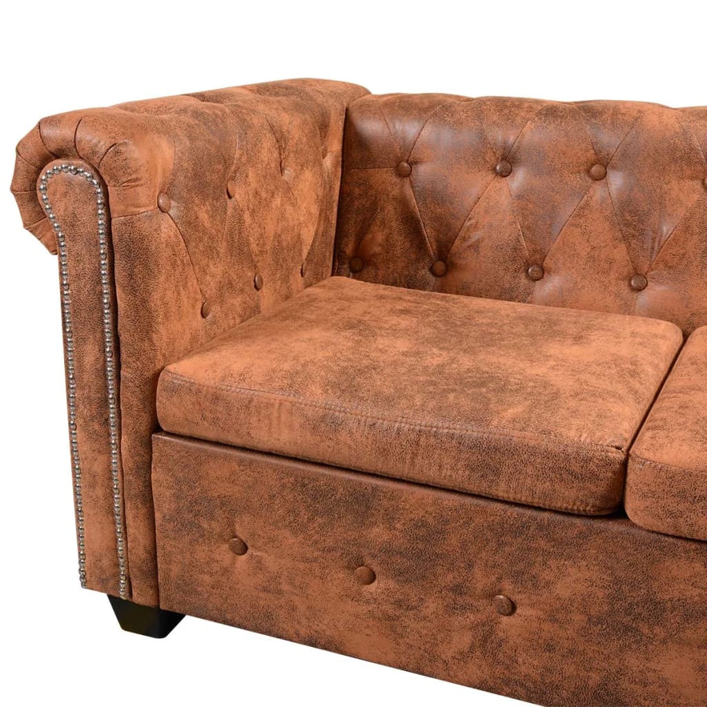 6 személyes barna műbőr chesterfield sarok kanapé