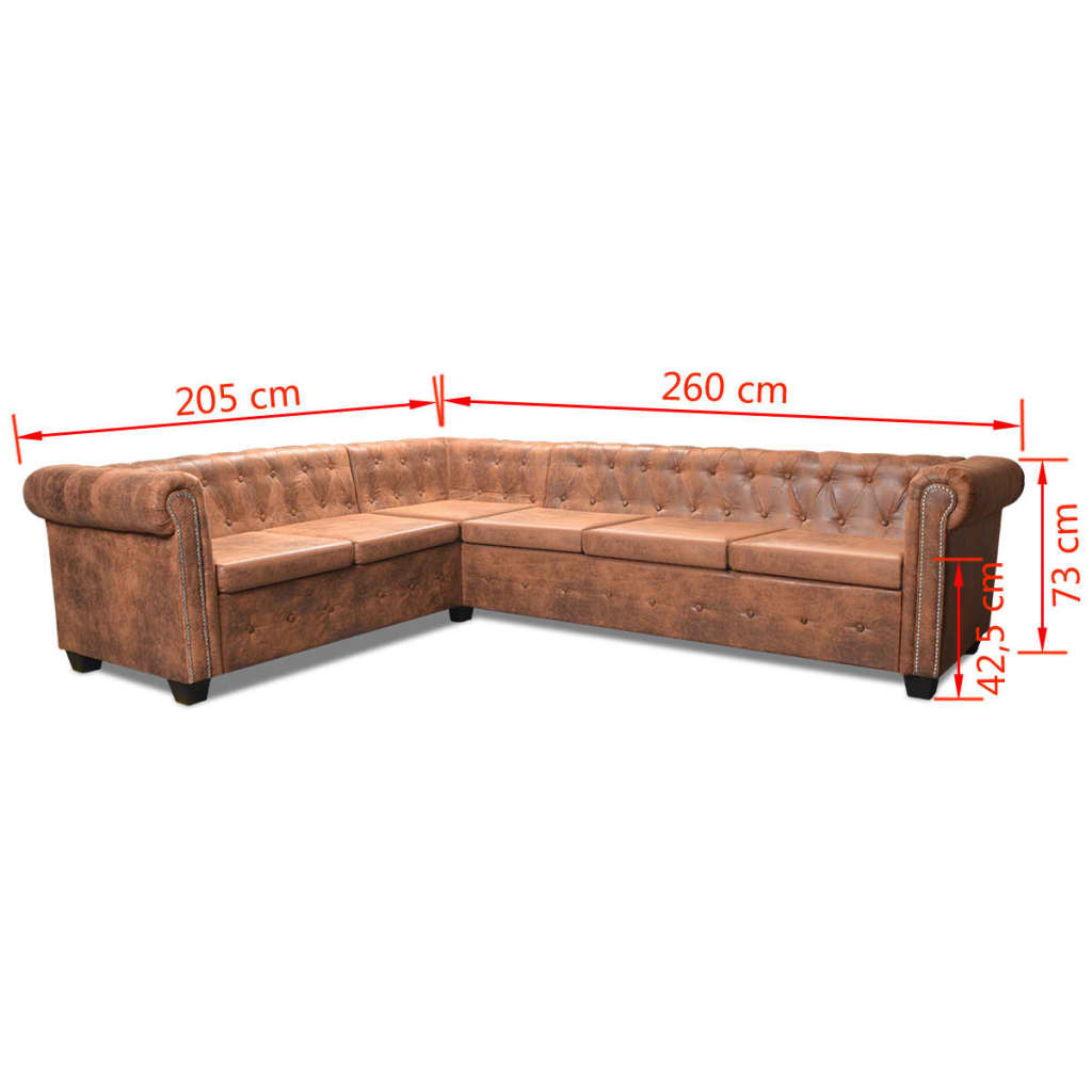 6 személyes barna műbőr chesterfield sarok kanapé