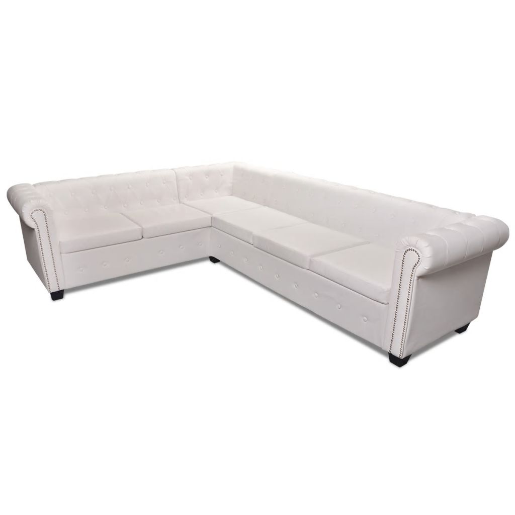 6 személyes fehér műbőr chesterfield sarok kanapé