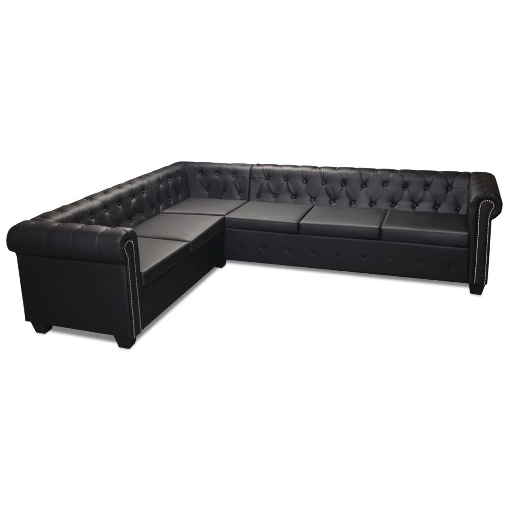 6 személyes fekete műbőr chesterfield sarok kanapé