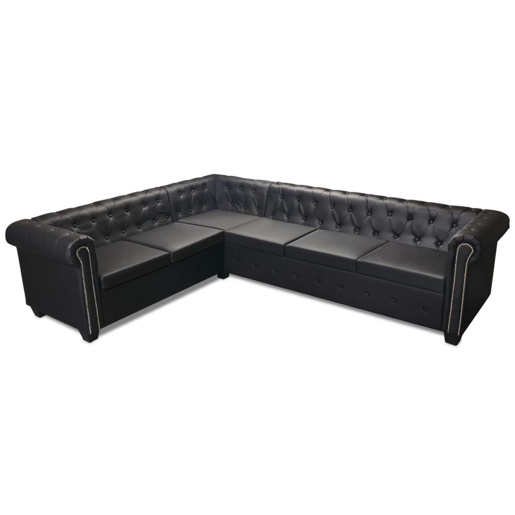 6 személyes fekete műbőr chesterfield sarok kanapé
