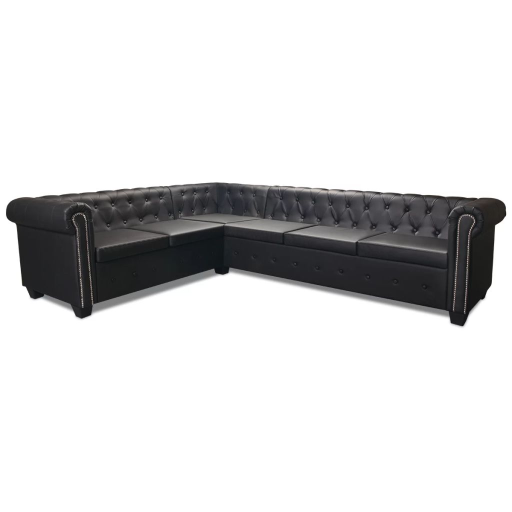 6 személyes fekete műbőr chesterfield sarok kanapé