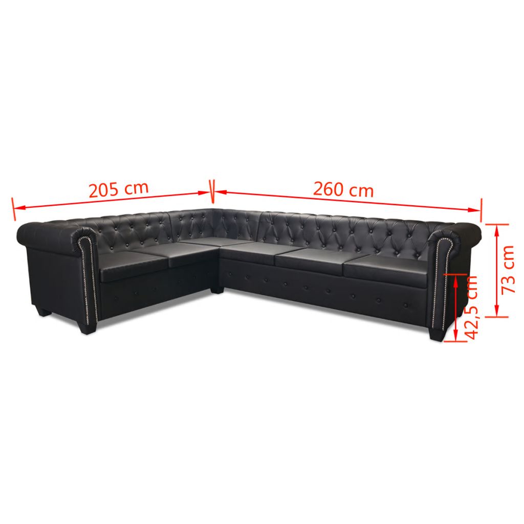 6 személyes fekete műbőr chesterfield sarok kanapé