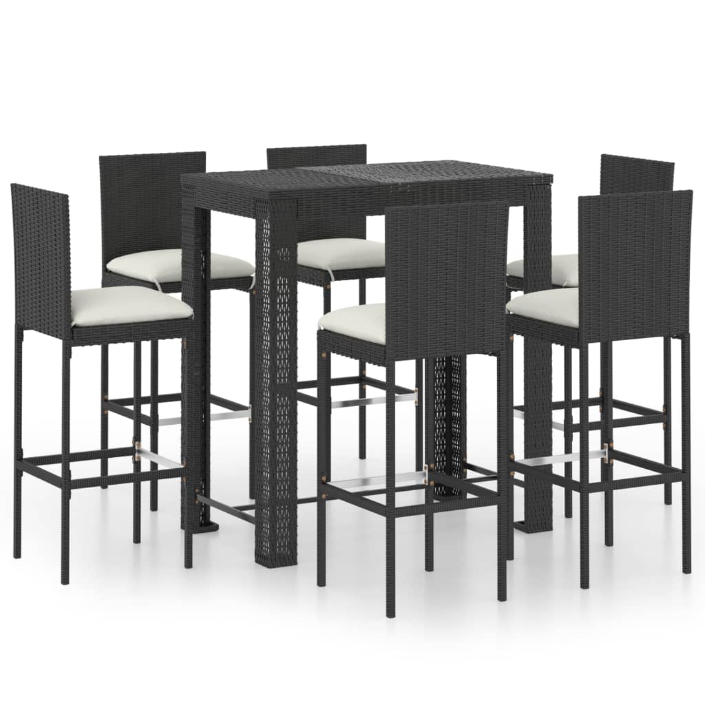 7 részes fekete polyrattan kültéri bárszett párnákkal