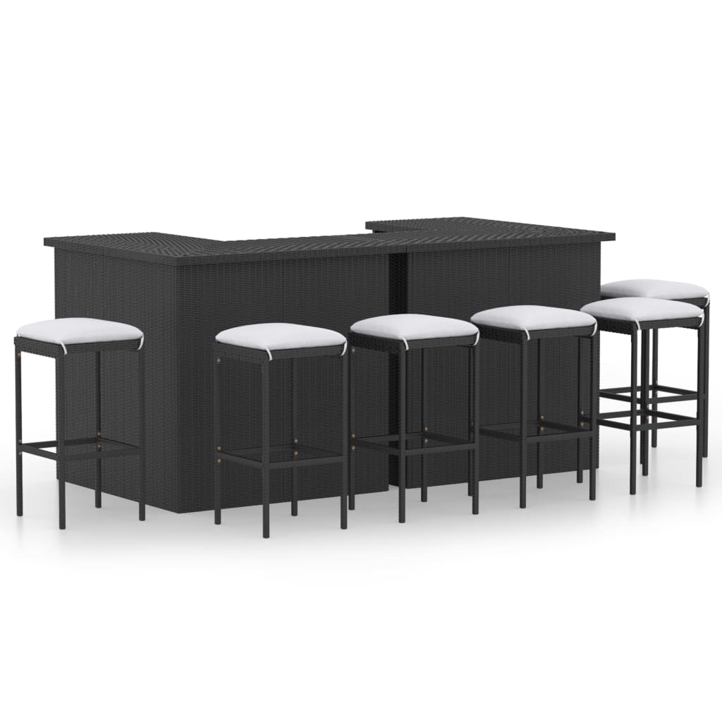 8 részes fekete polyrattan kerti bárszett párnával