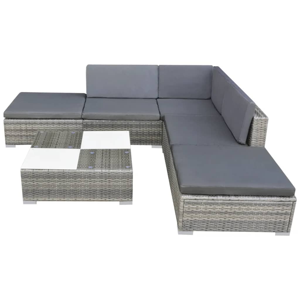 6-részes szürke polyrattan kerti bútorszett párnákkal
