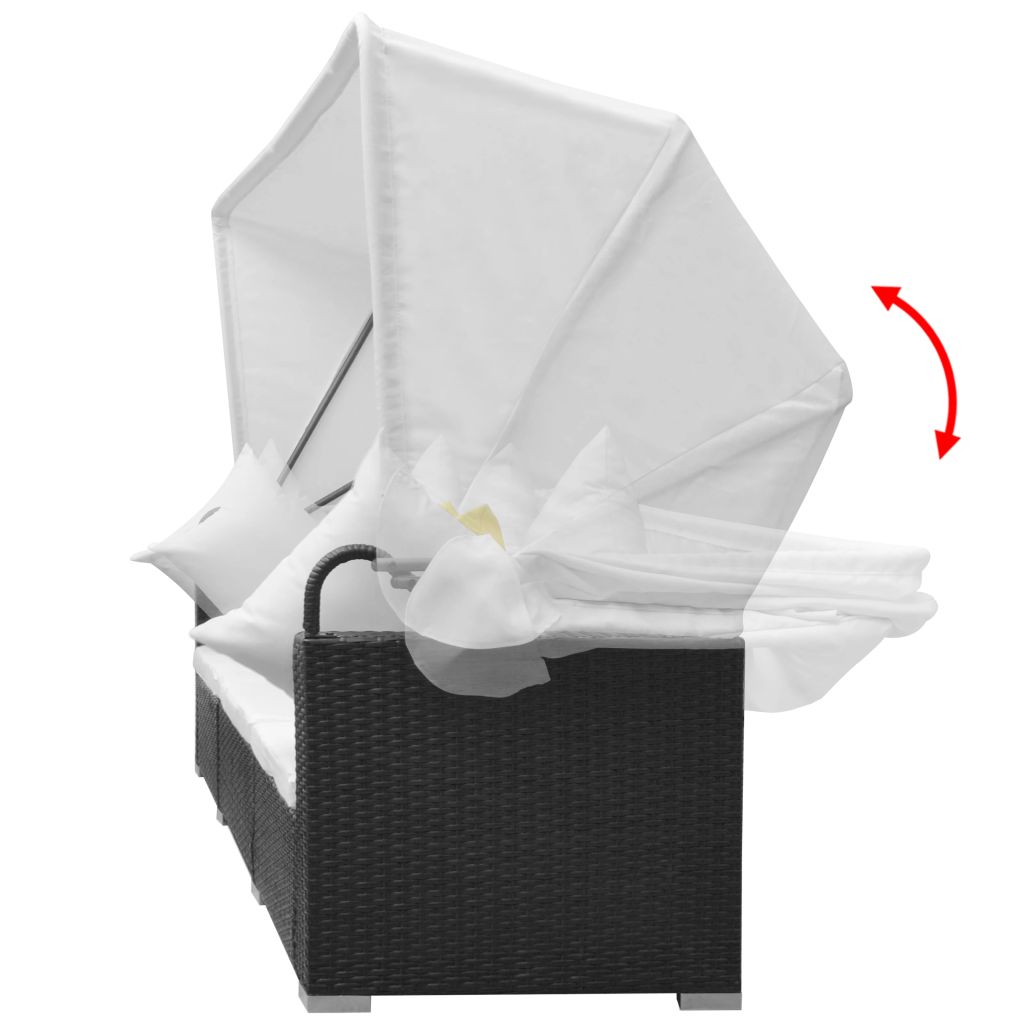 7 darabos fekete polyrattan kerti bútorszett napellenzővel