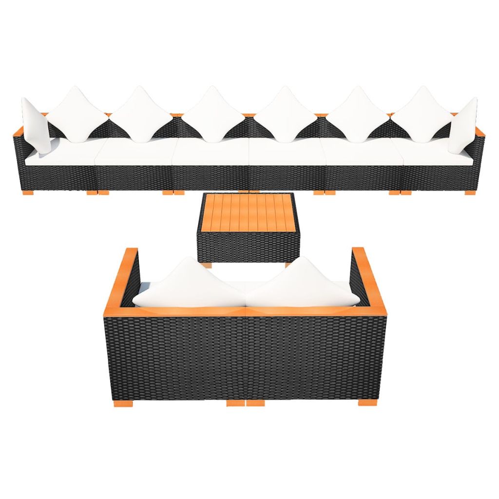 9-részes fekete polyrattan kerti bútorszett párnákkal 9-részes fekete polyrattan kerti bútorszett párnákkal