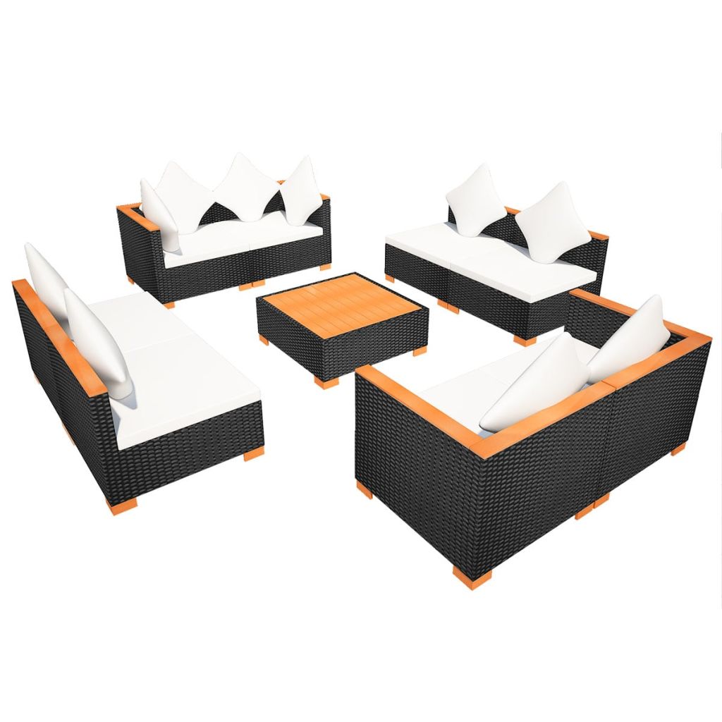 9-részes fekete polyrattan kerti bútorszett párnákkal 9-részes fekete polyrattan kerti bútorszett párnákkal