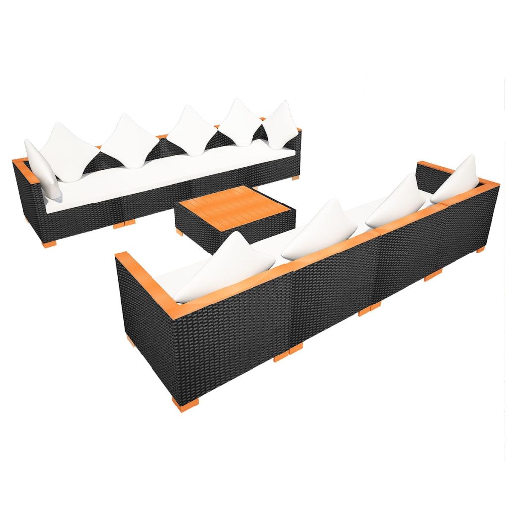 9-részes fekete polyrattan kerti bútorszett párnákkal 9-részes fekete polyrattan kerti bútorszett párnákkal