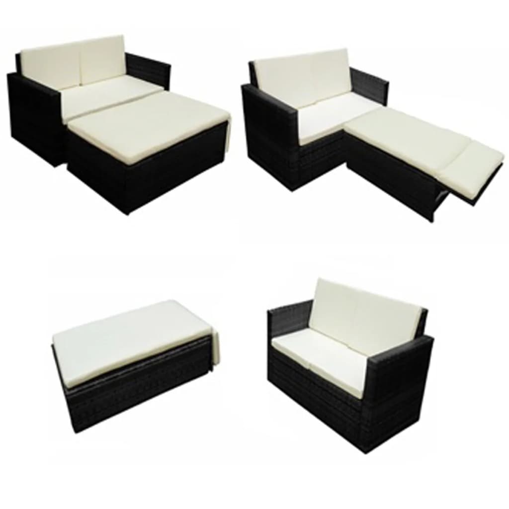 2 részes fekete polyrattan kerti ülőgarnitúra párnákkal