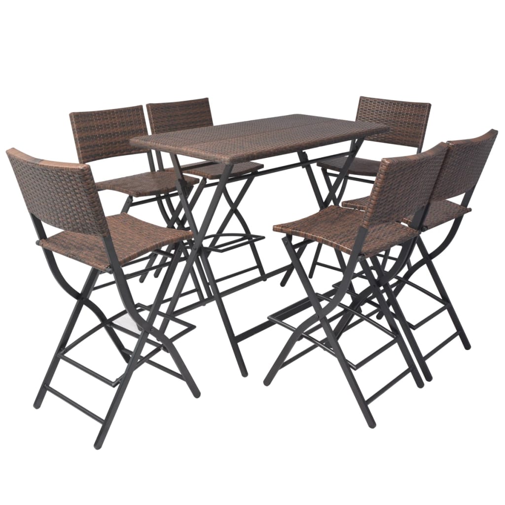 7-részes barna kerti polyrattan/acél összecsukható étkezőszett