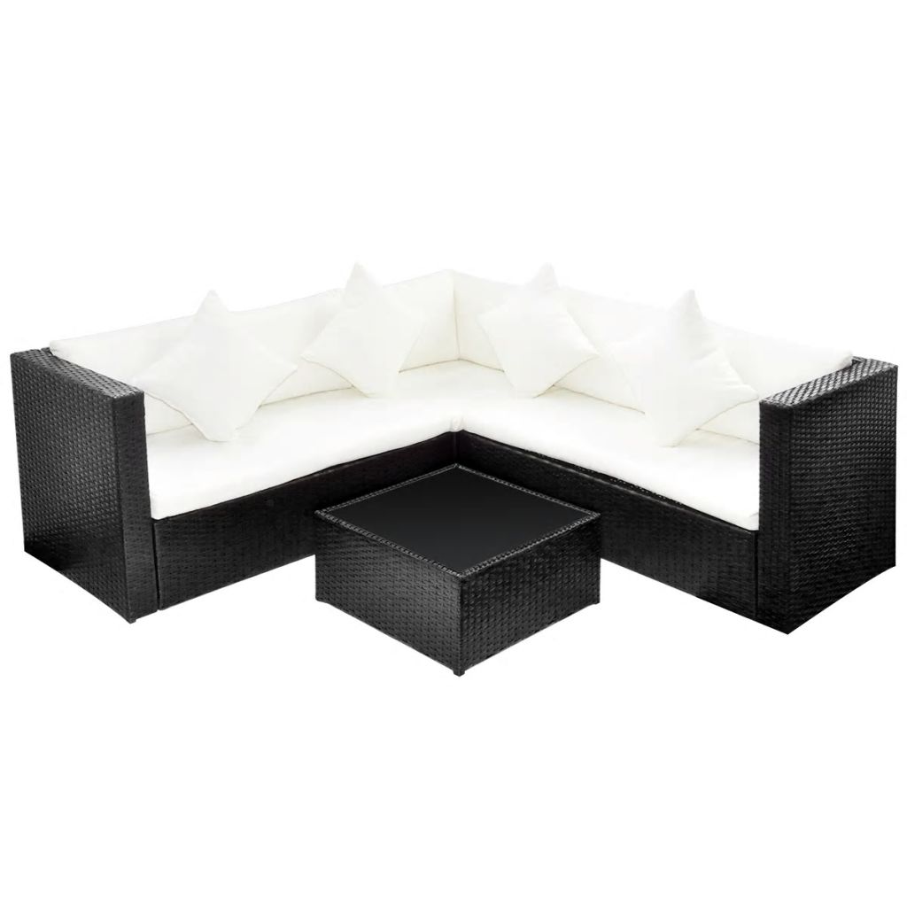 4-részes fekete polyrattan kerti bútorszett párnákkal
