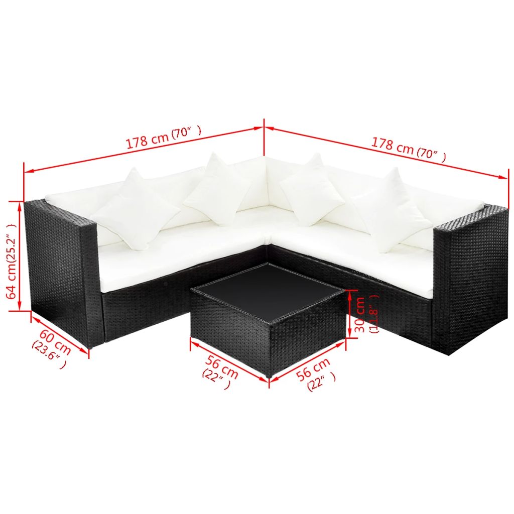 4-részes fekete polyrattan kerti bútorszett párnákkal