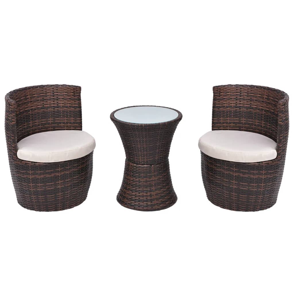 3 darabos barna polyrattan bisztrószett párnákkal