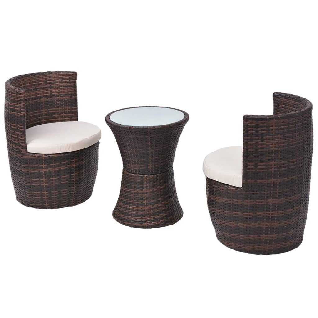 3 darabos barna polyrattan bisztrószett párnákkal