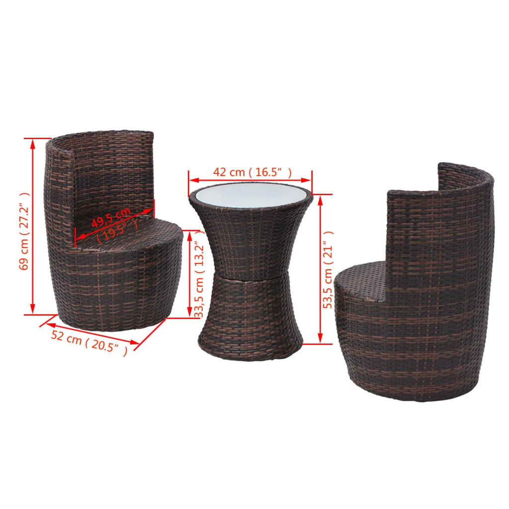 3 darabos barna polyrattan bisztrószett párnákkal