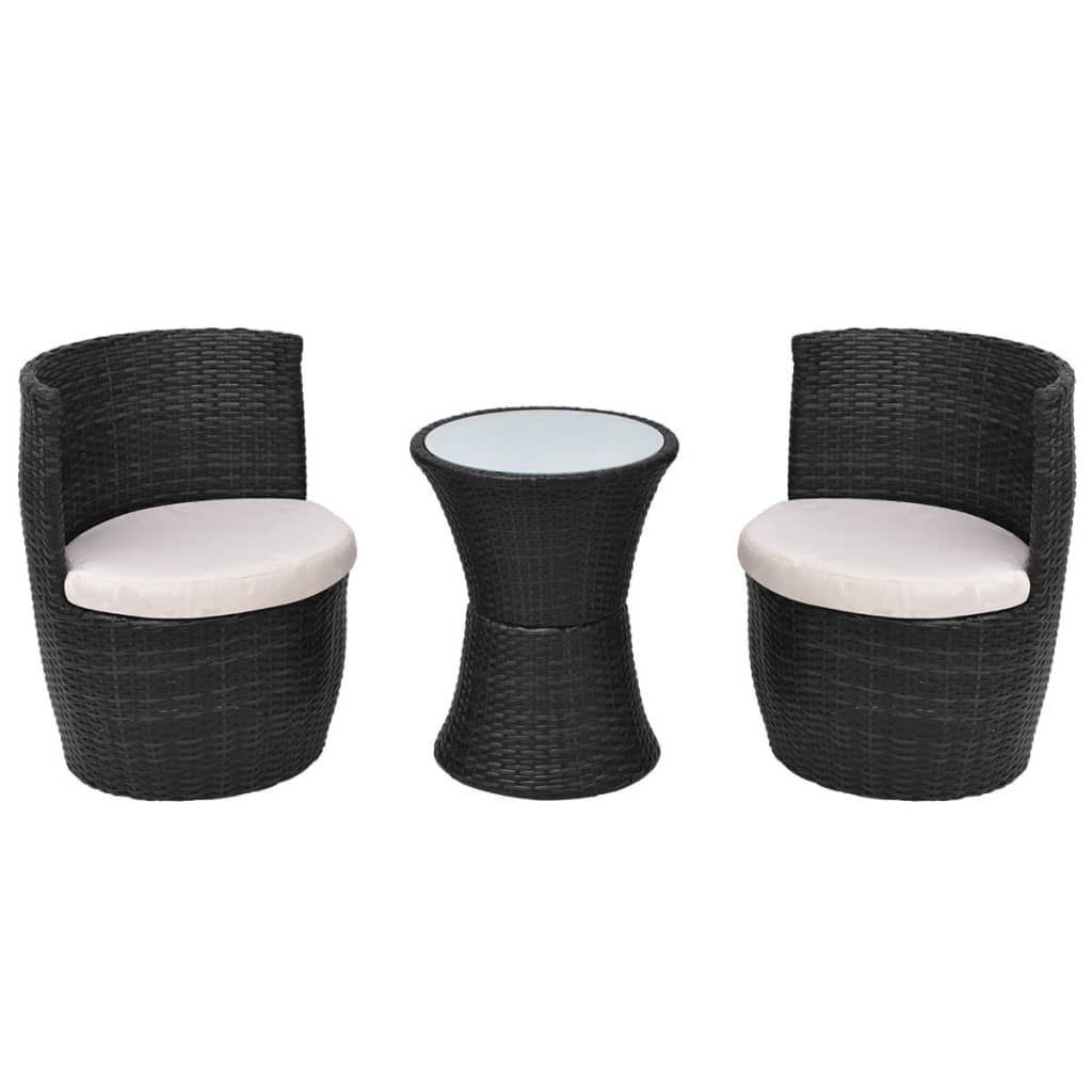 3 darabos fekete polyrattan bisztrószett párnákkal