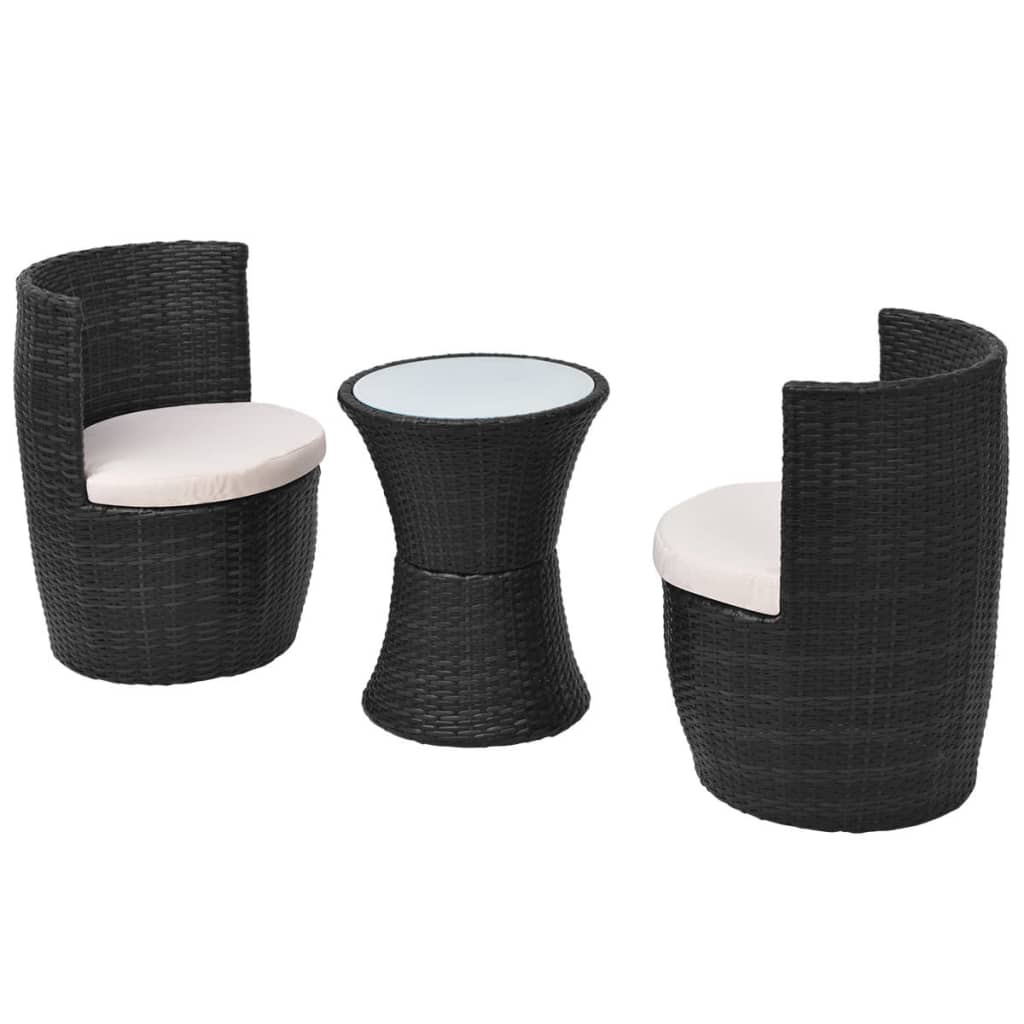 3 darabos fekete polyrattan bisztrószett párnákkal
