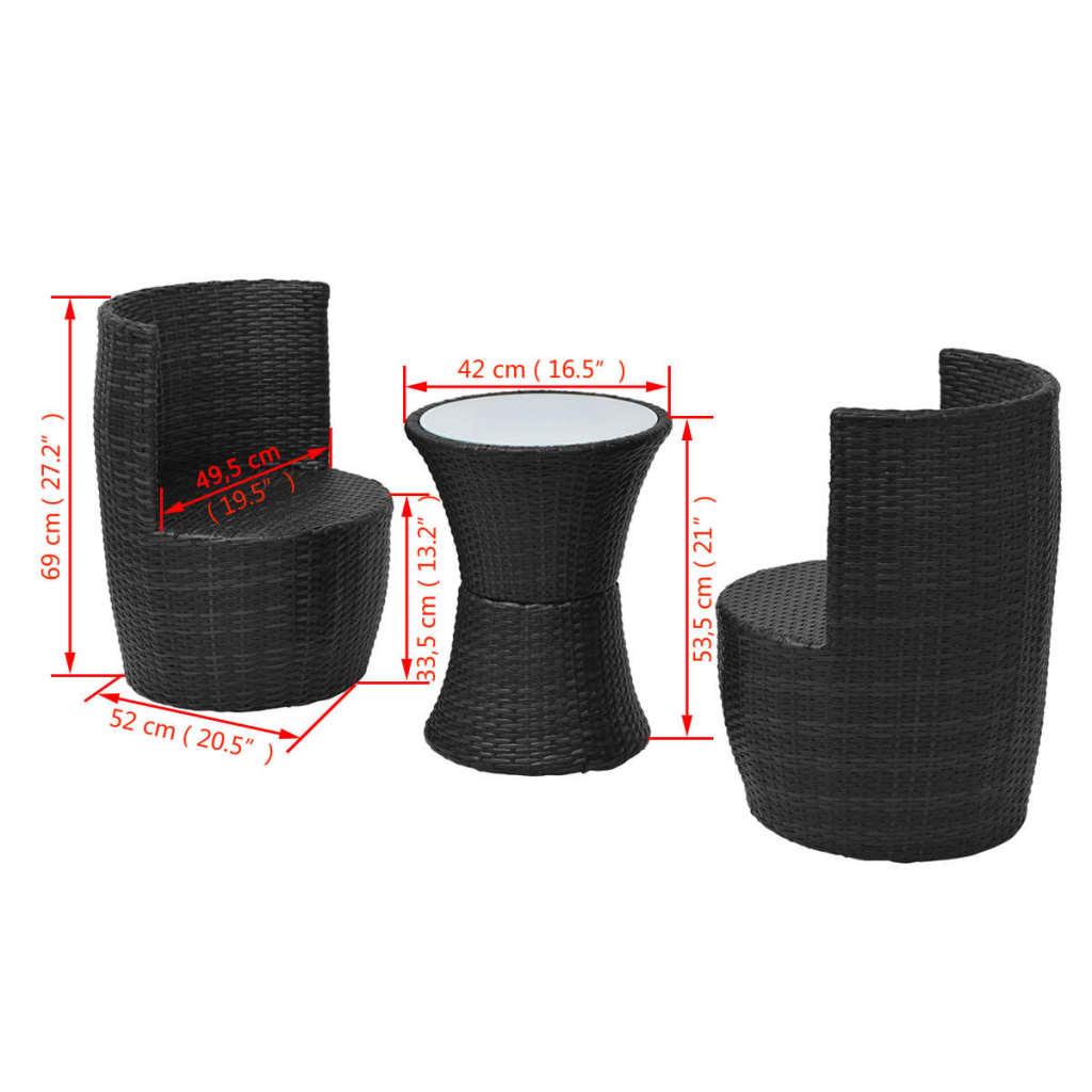 3 darabos fekete polyrattan bisztrószett párnákkal