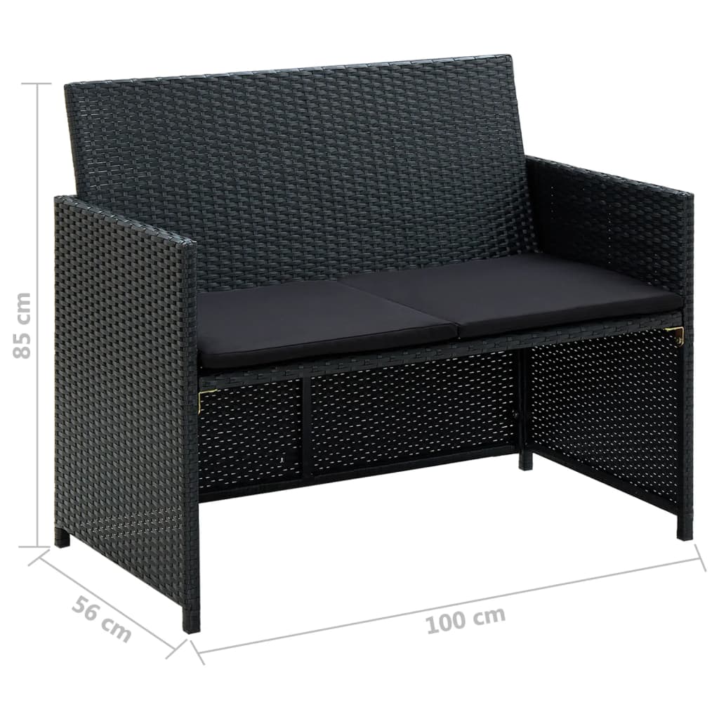 Fekete kétszemélyes polyrattan kerti kanapé párnákkal Fekete kétszemélyes polyrattan kerti kanapé párnákkal