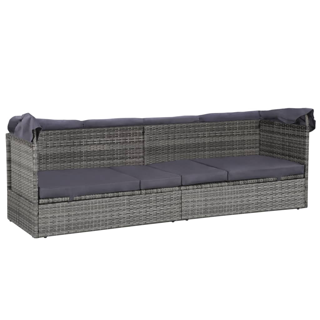 Szürke polyrattan napellenzős kerti ágy 205 x 62 cm