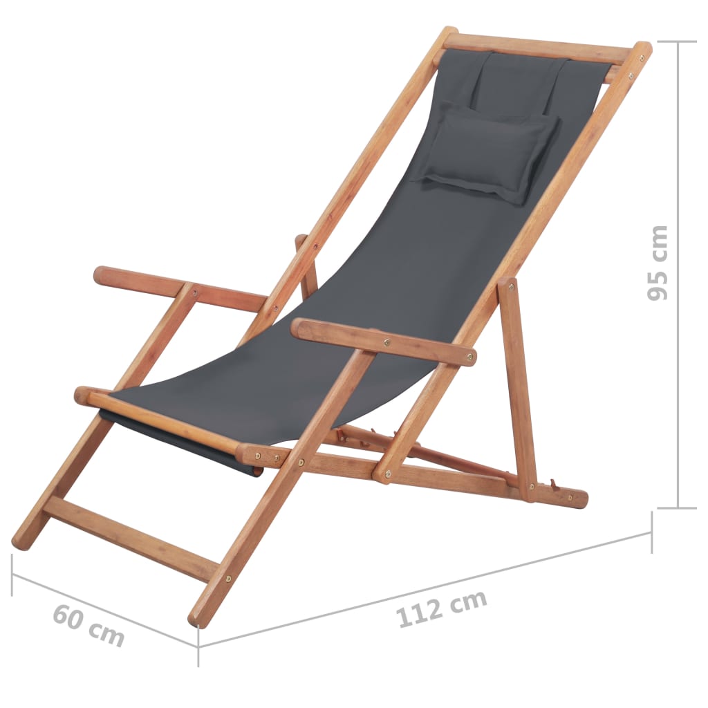 Szürke összecsukható szövetkárpitos, favázas strandszék