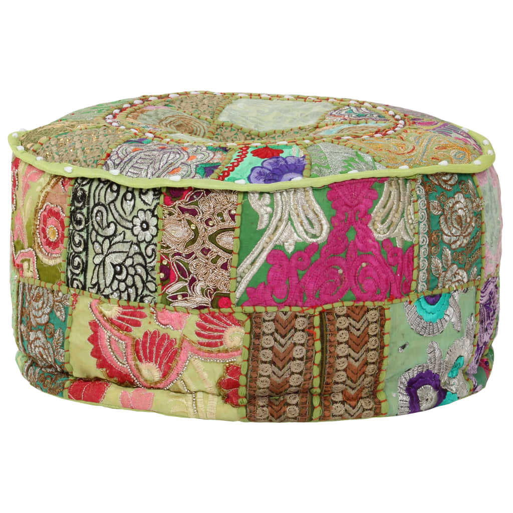 Kézzel készült kerek zöld pamut patchwork puff 40 x 20 cm