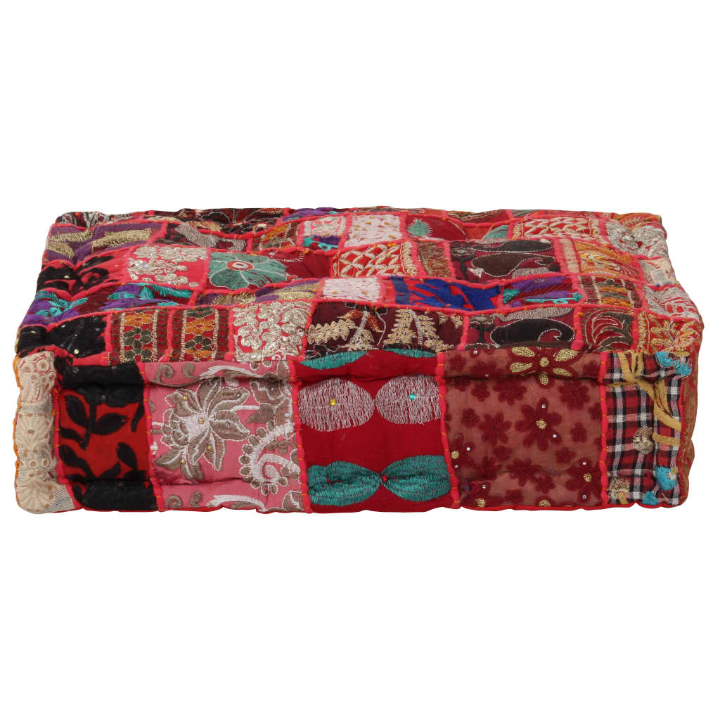 Kézzel készült piros pamut patchwork kocka puff 50x50x12 cm