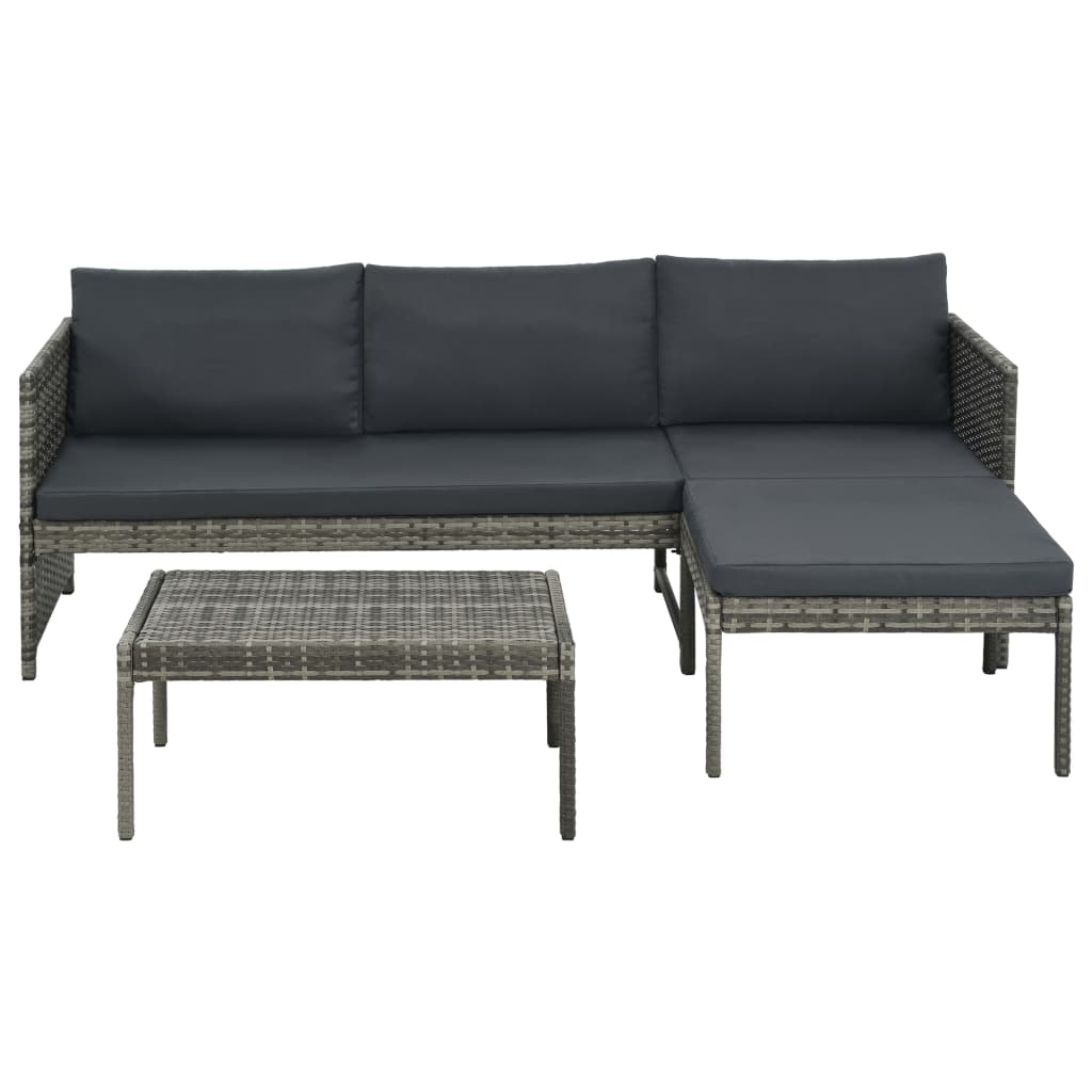 3-részes szürke polyrattan kerti bútorszett párnákkal