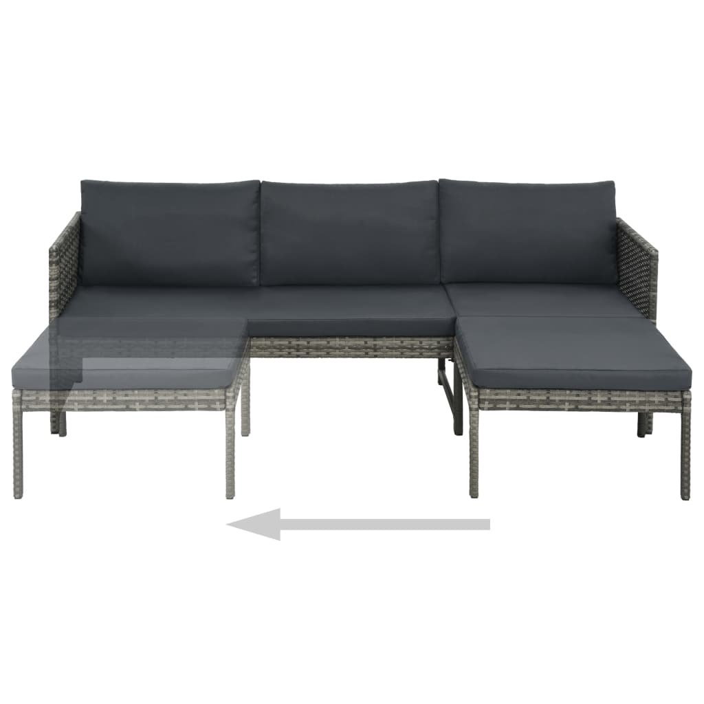 3-részes szürke polyrattan kerti bútorszett párnákkal