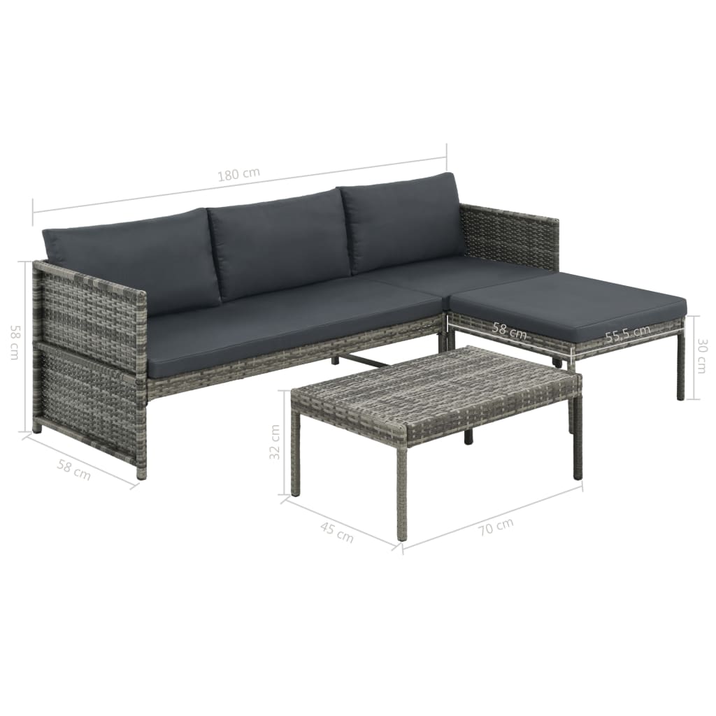 3-részes szürke polyrattan kerti bútorszett párnákkal