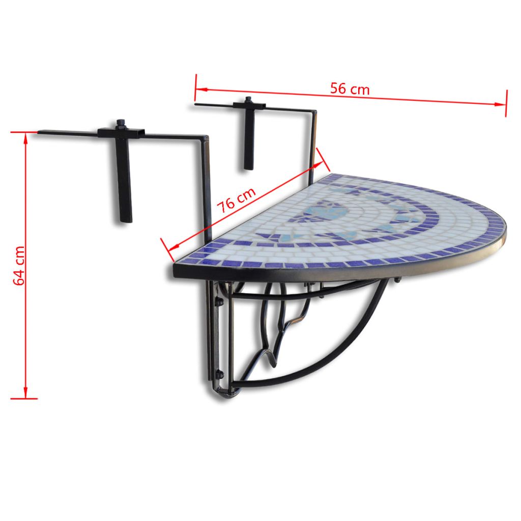 Kék és fehér mozaik felakasztható erkély asztal