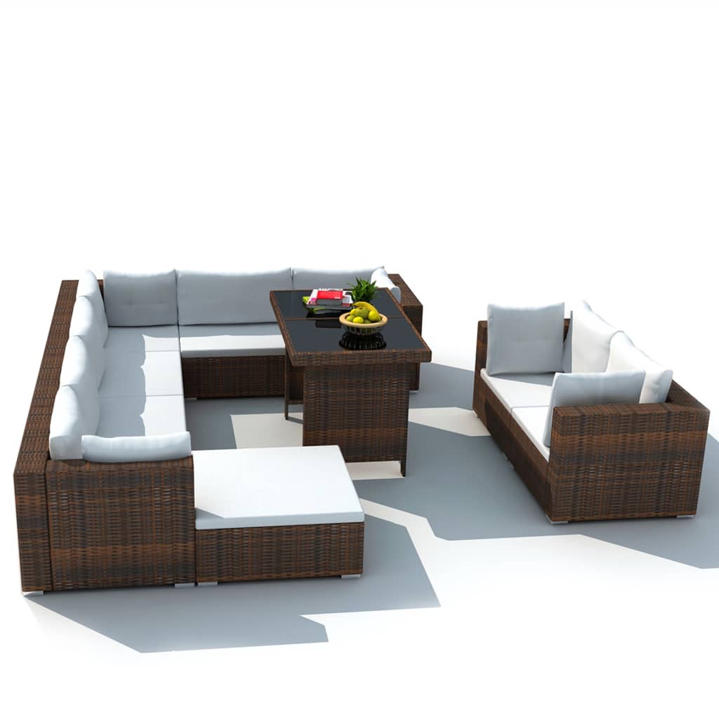 10-részes barna polyrattan kerti bútorszett párnákkal 10-részes barna polyrattan kerti bútorszett párnákkal