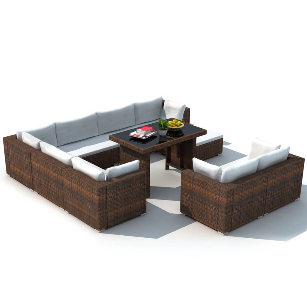 10-részes barna polyrattan kerti bútorszett párnákkal 10-részes barna polyrattan kerti bútorszett párnákkal