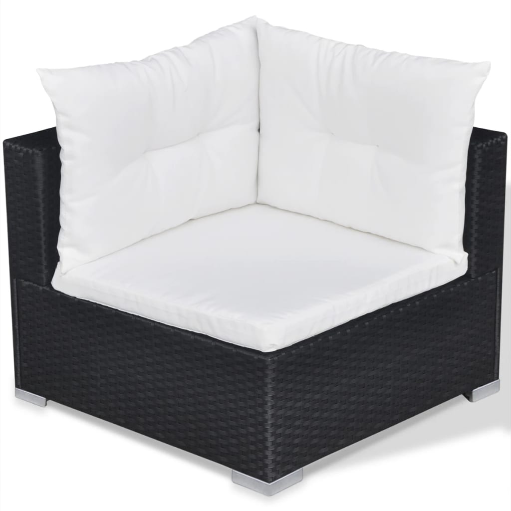 10-részes fekete polyrattan kerti bútorszett párnákkal