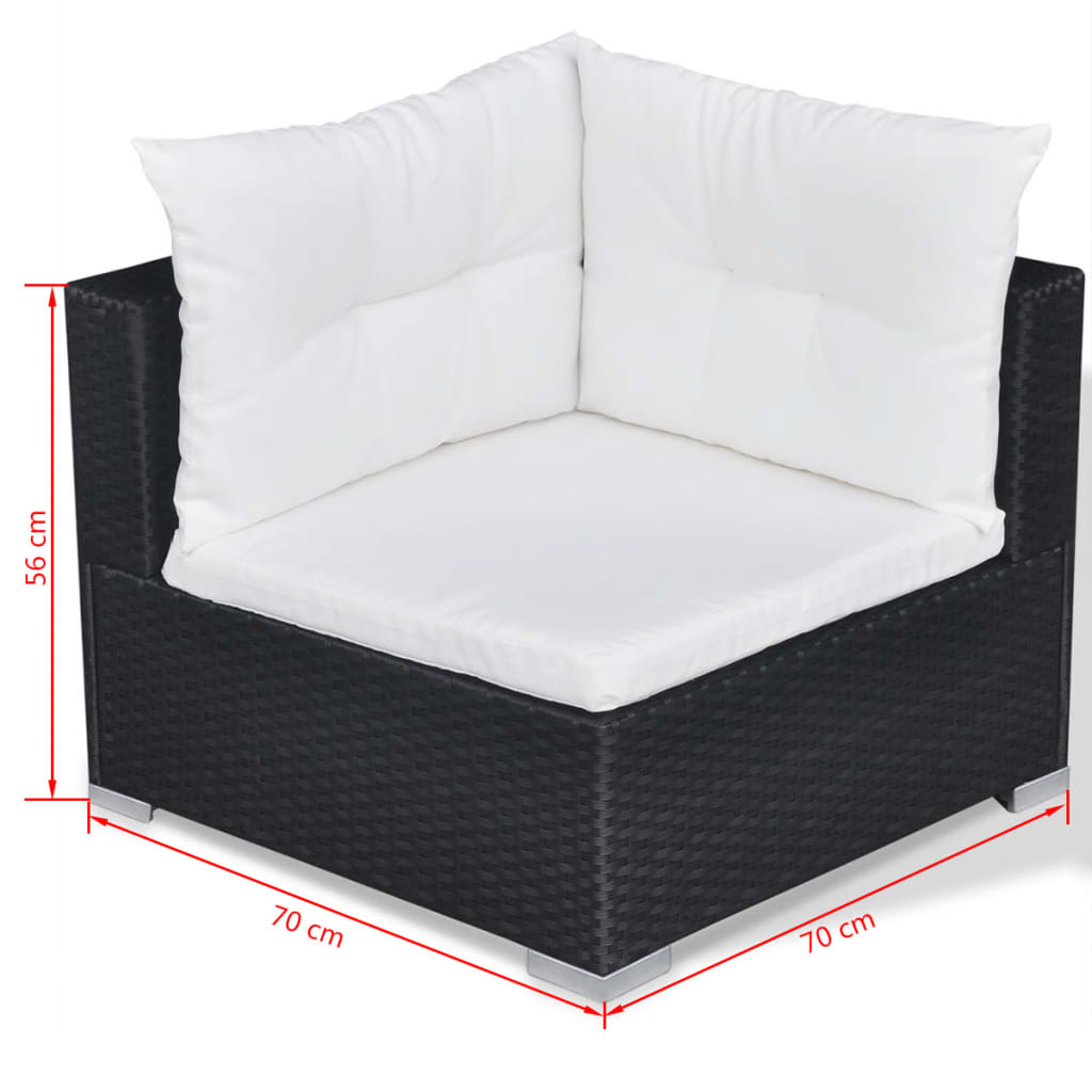 10-részes fekete polyrattan kerti bútorszett párnákkal