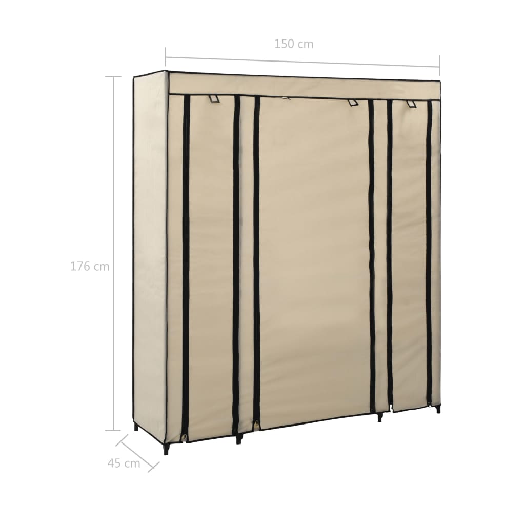 Krémszínű szövet ruhásszekrény tárolórekeszekkel 150x45x176 cm