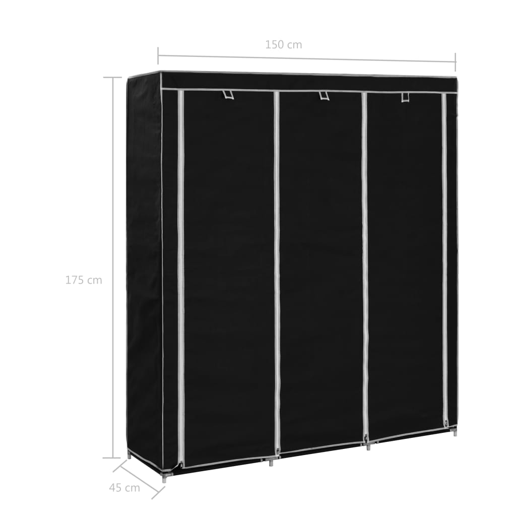 Fekete szövet ruhásszekrény tárolórekeszekkel 150 x 45 x 176 cm