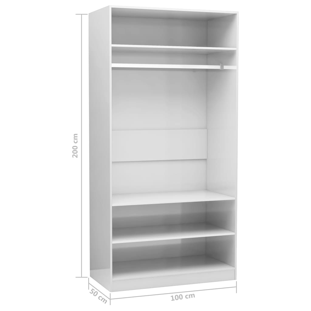 Magasfényű fehér forgácslap ruhásszekrény 100 x 50 x 200 cm